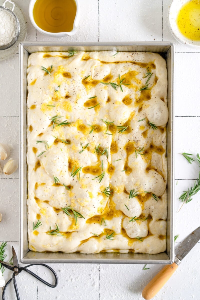 Dimpled focaccia ready for the oven