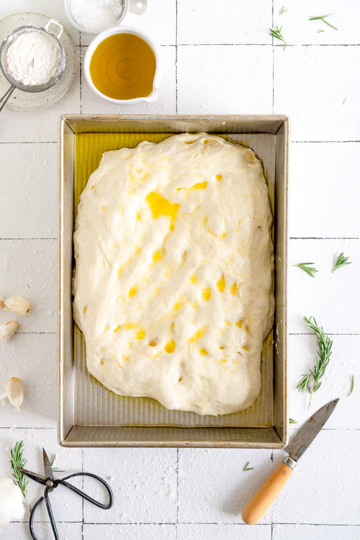 Focaccia dough in pan