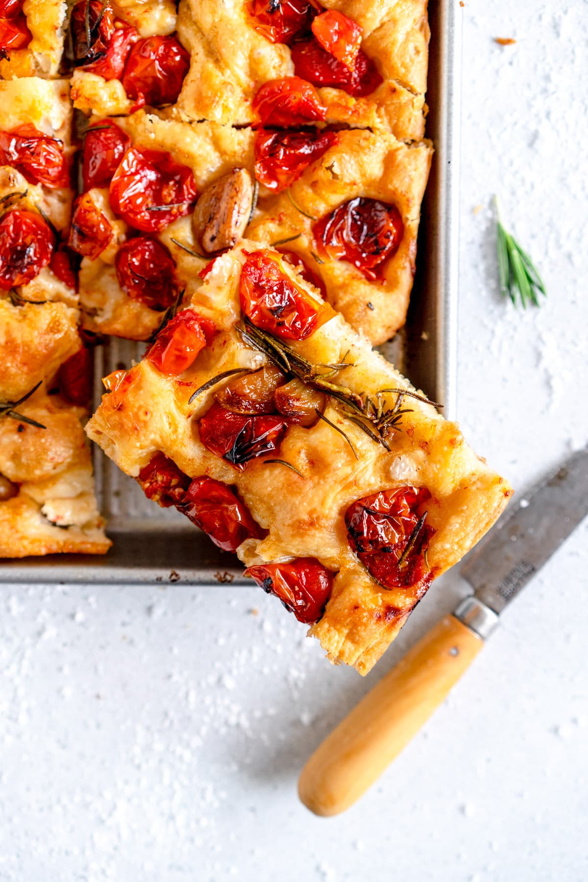 sliced tomato and garlic focaccia