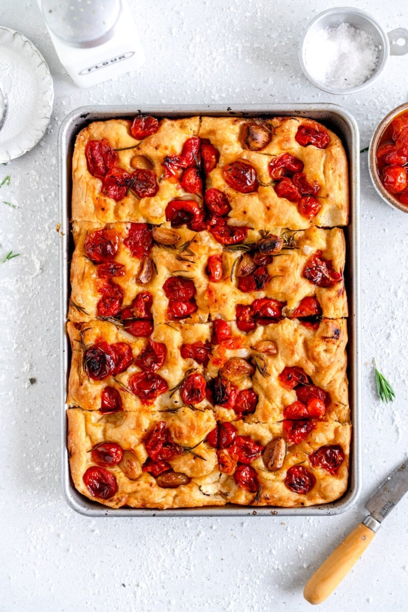 cut up tomato focaccia