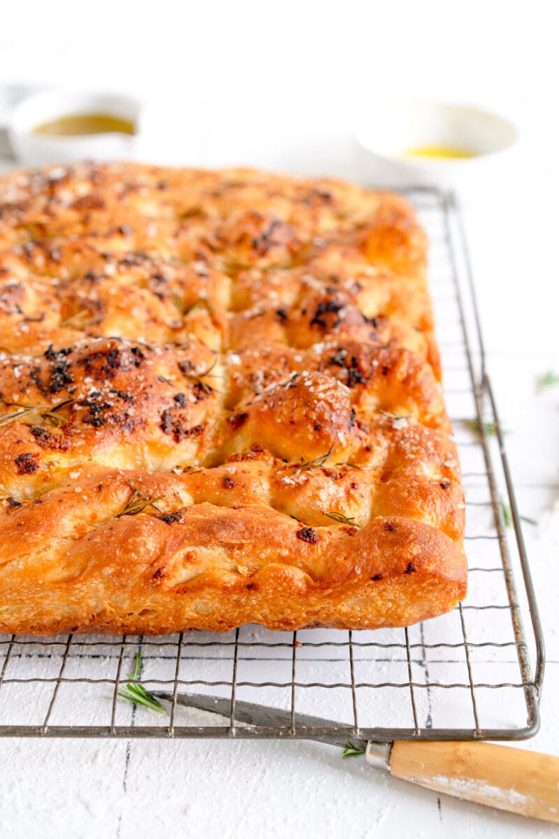 side shot of baked focaccia