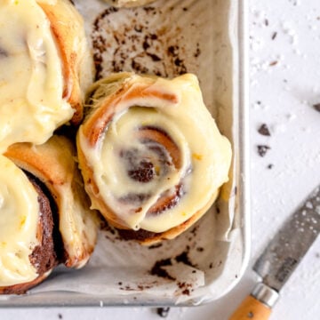 orange roll with chocolate filling and orange frosting