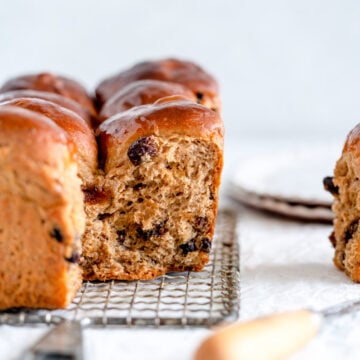 baked shot of cinnamon raisin bread on a rack