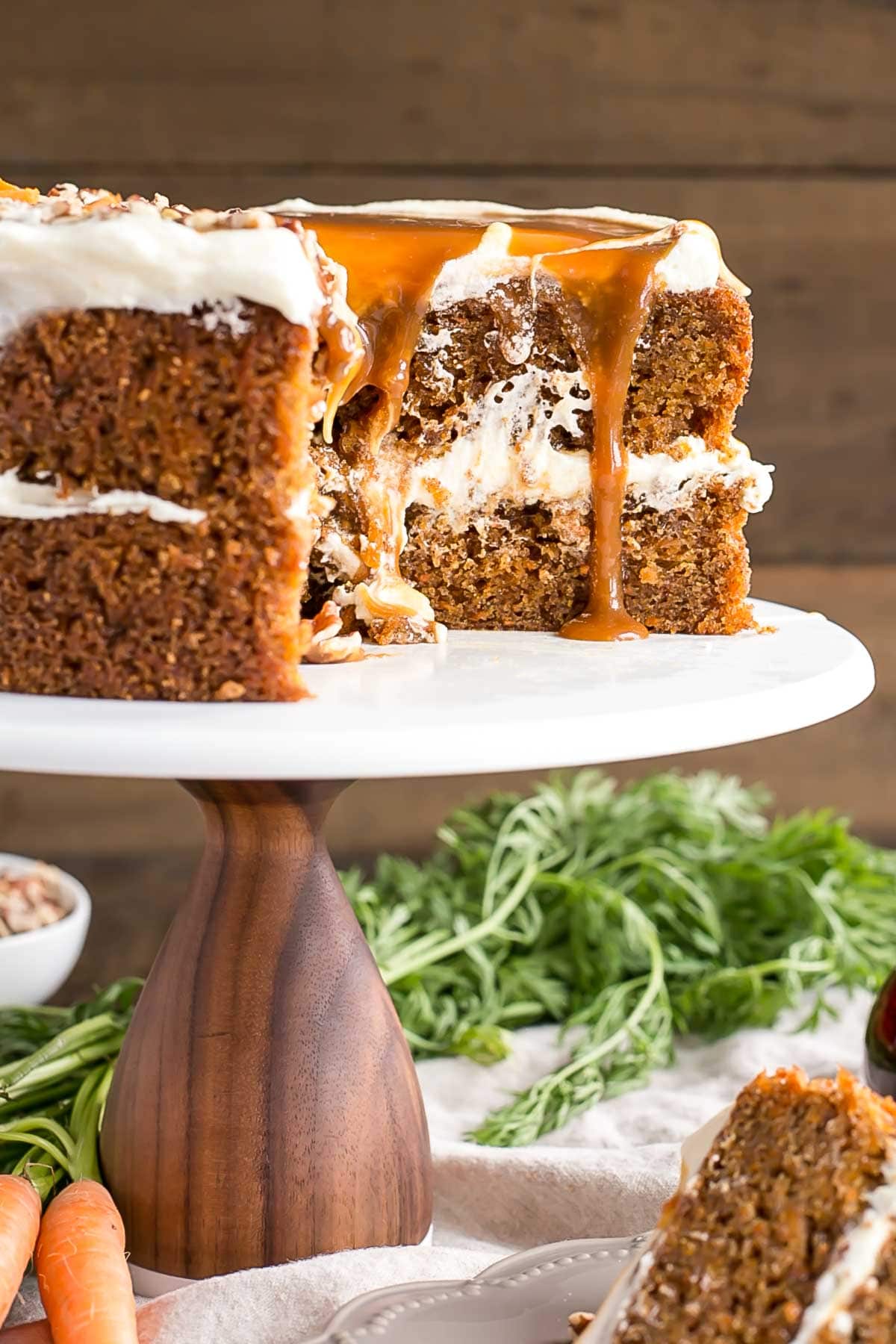 Carrot Cake on a cake stand.