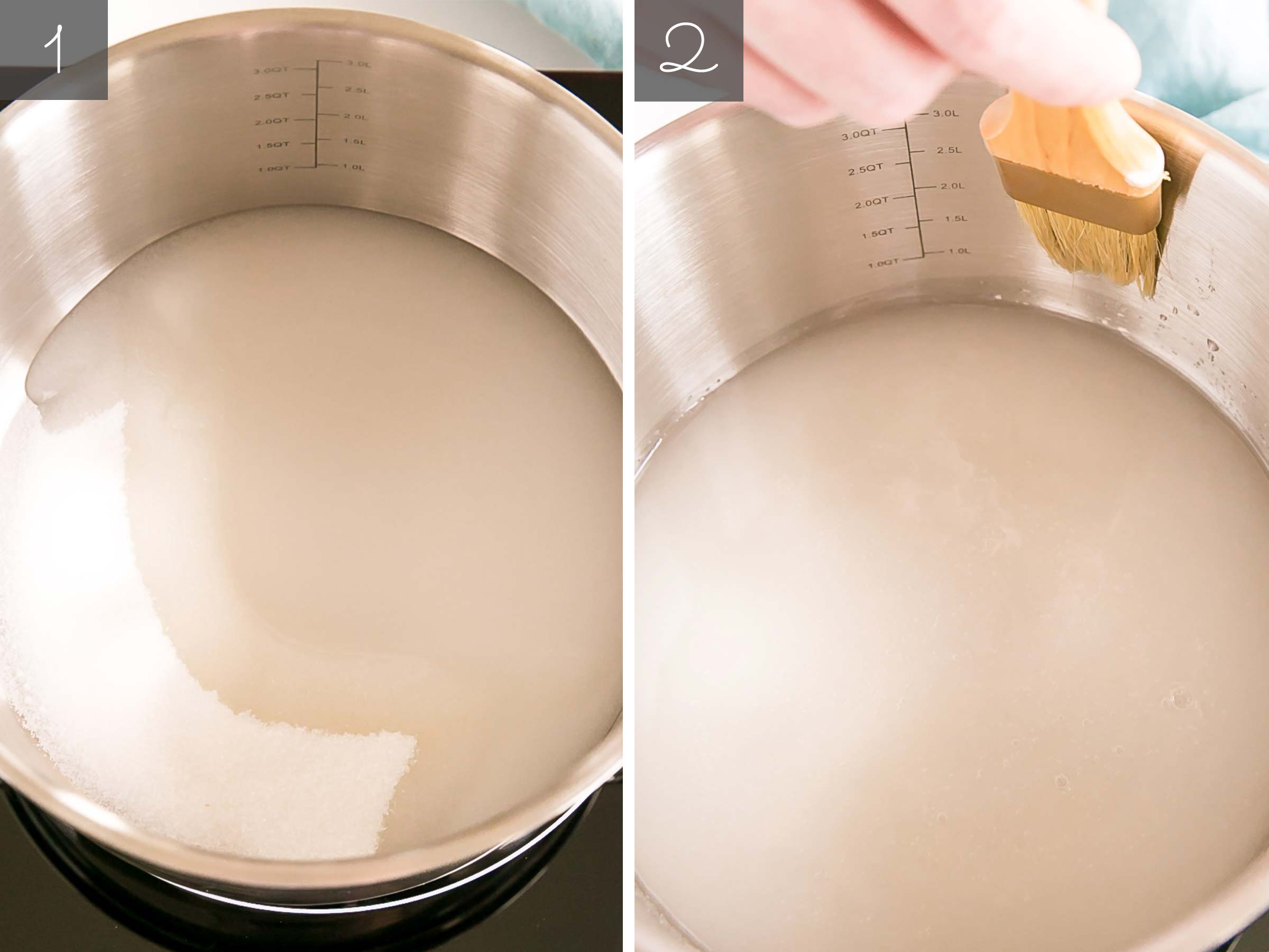 Side by side of sugar and water in a pot and brushing the sides down.