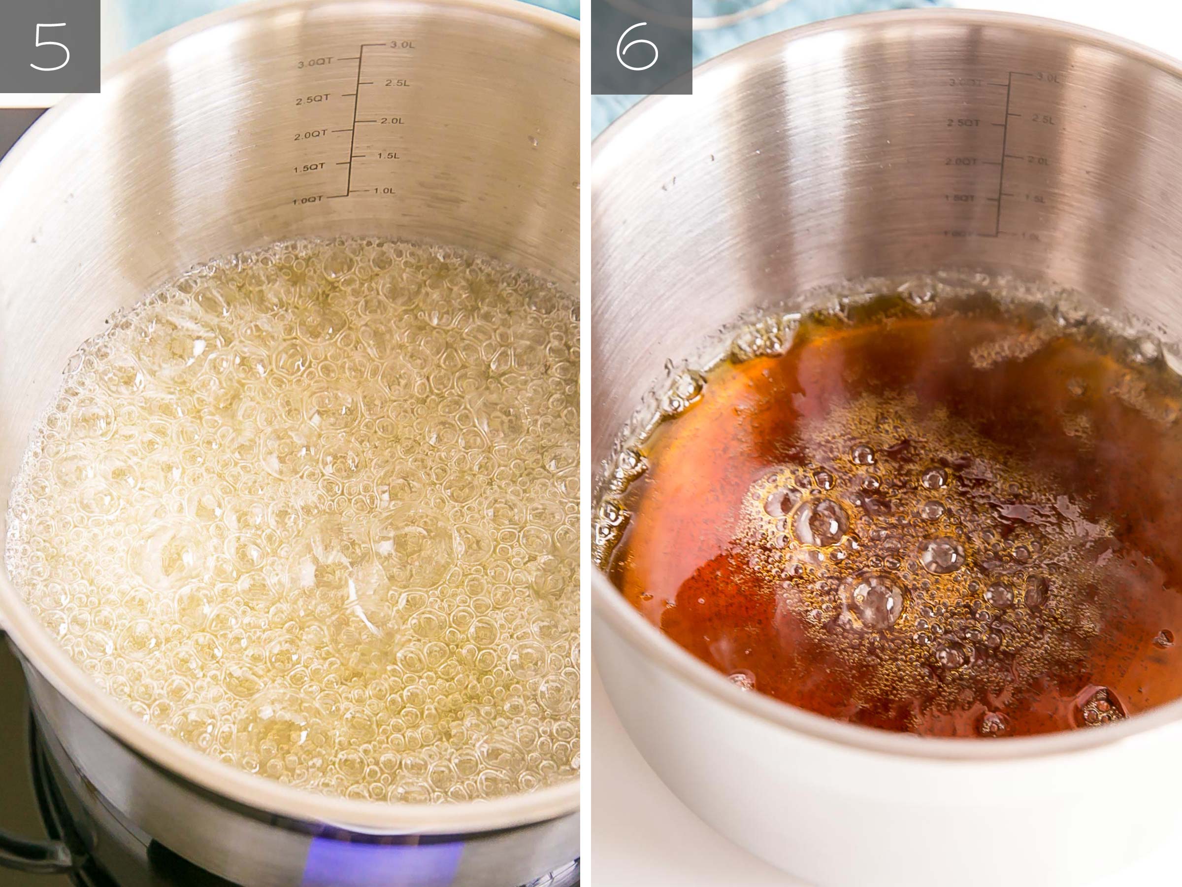 Side by side photos - caramel starting to turn color and rich amber caramel in a pot