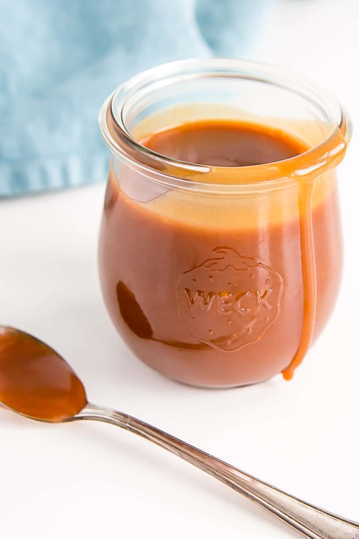 Angled shot of the caramel filled jar