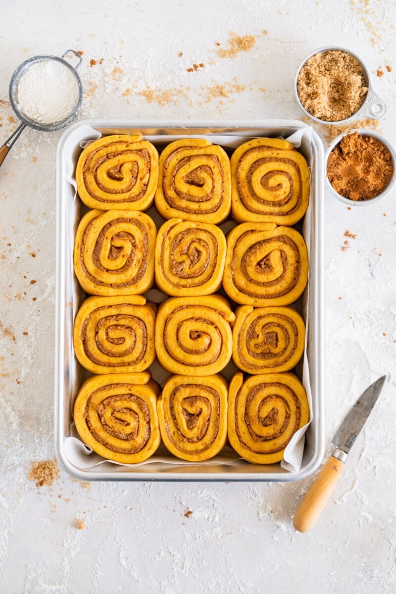 Pumpkin Cinnamon Rolls in a pan, ready to be baked