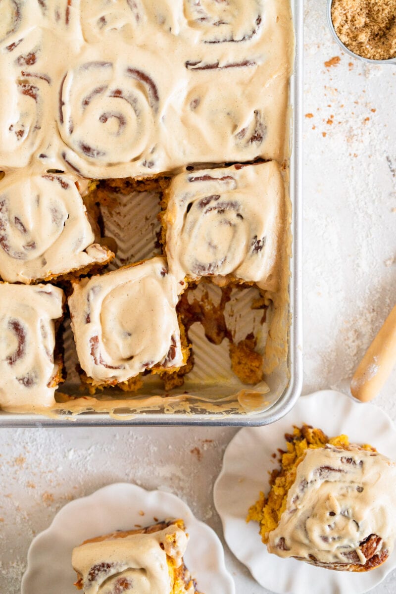 cut up cinnamon rolls with maple coffee frosting