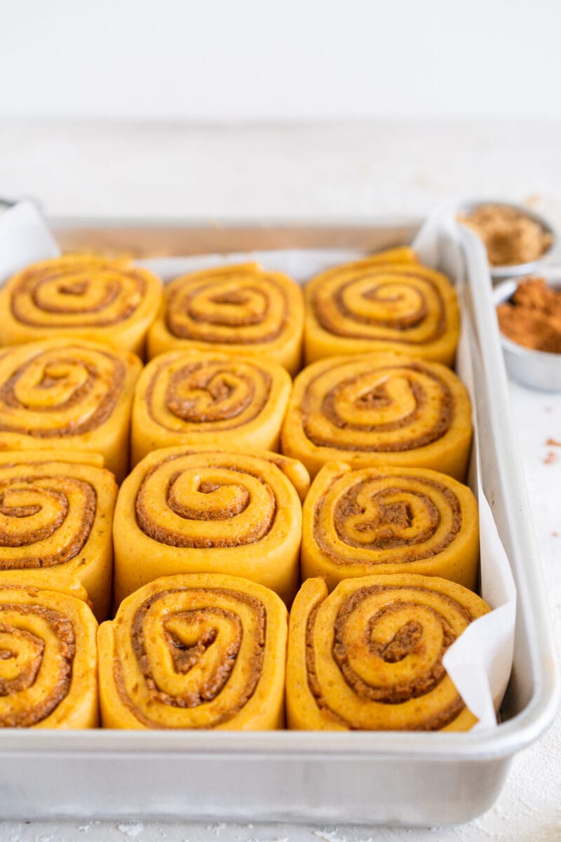 Angle shot of pumpkin cinnamon rolls