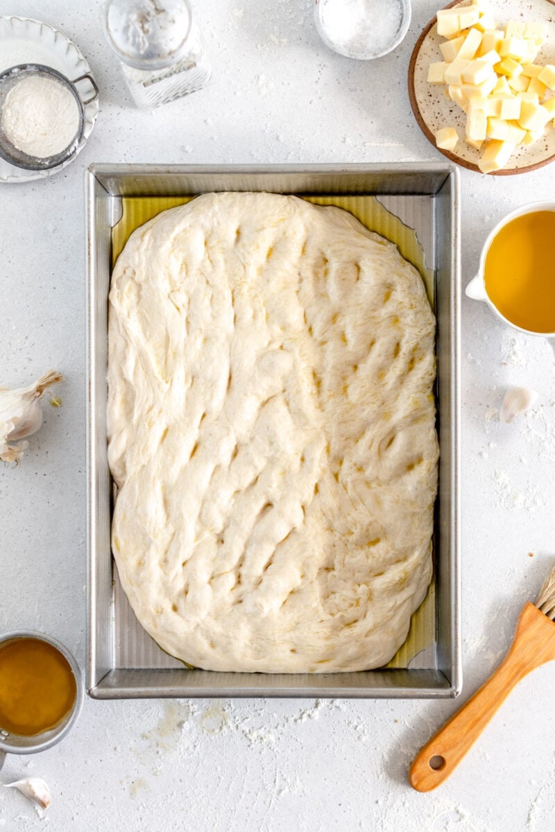 detroit style pizza dough in pan