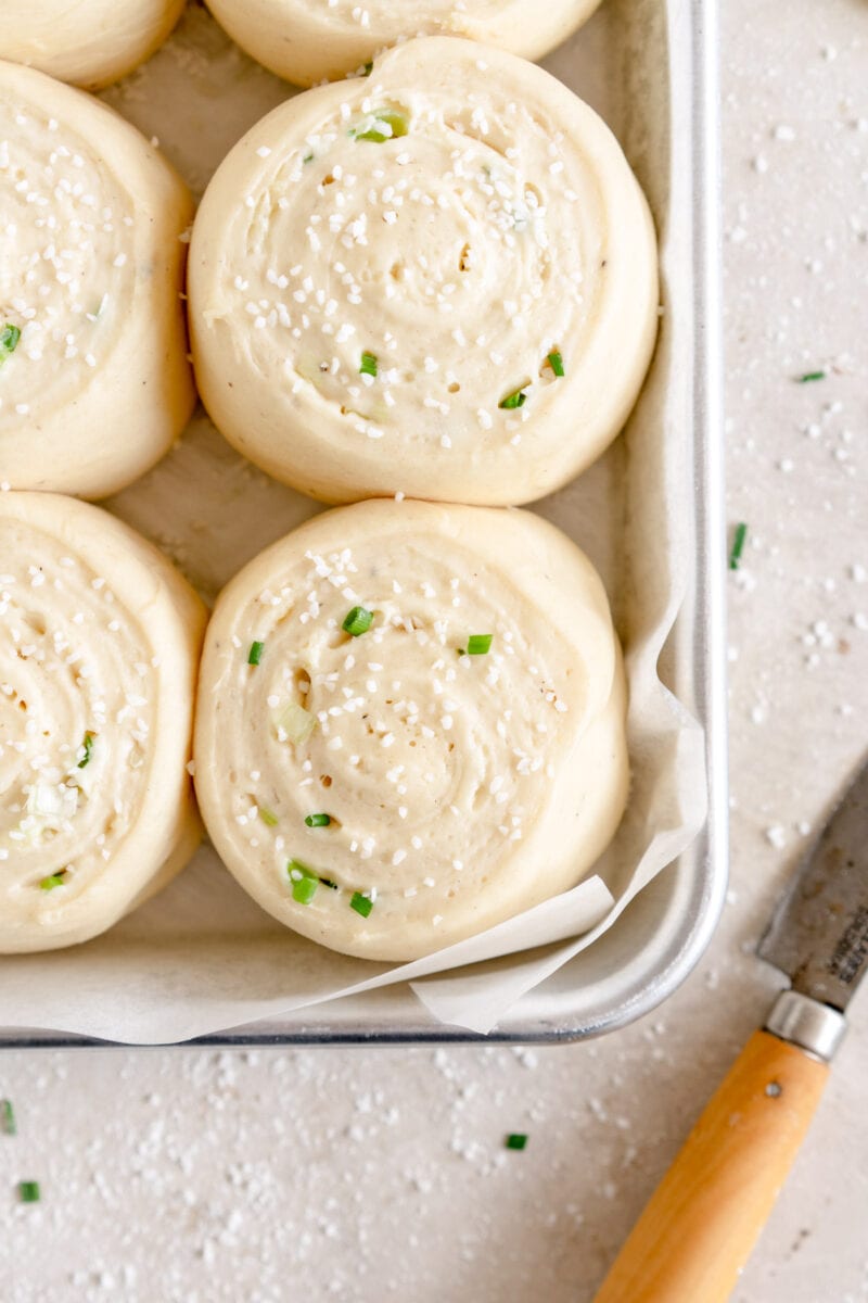 corner shot of chive and cheese buns