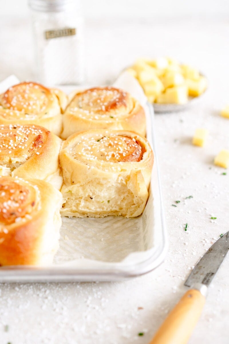 side shot of cheese buns showing the filling