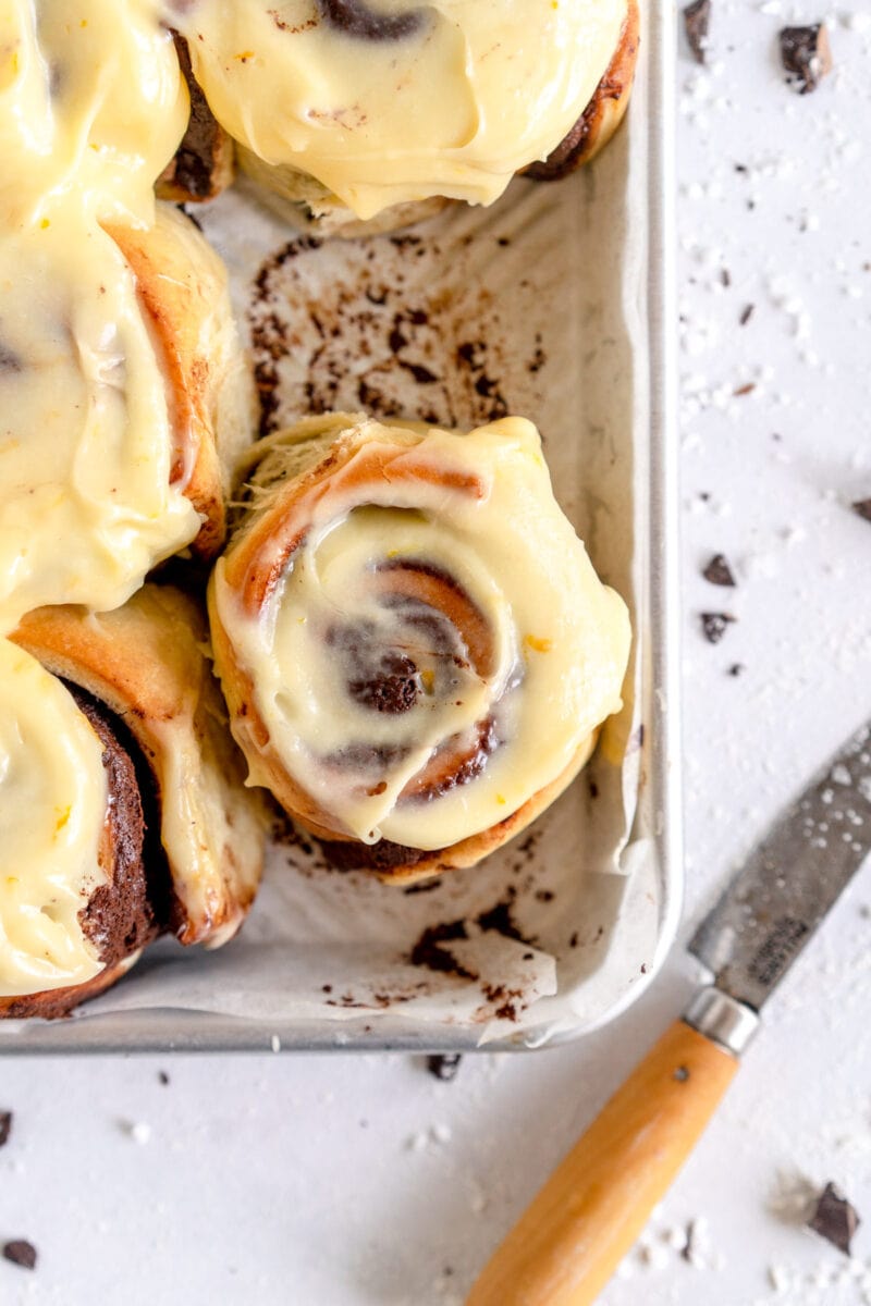 orange roll with chocolate filling and orange frosting